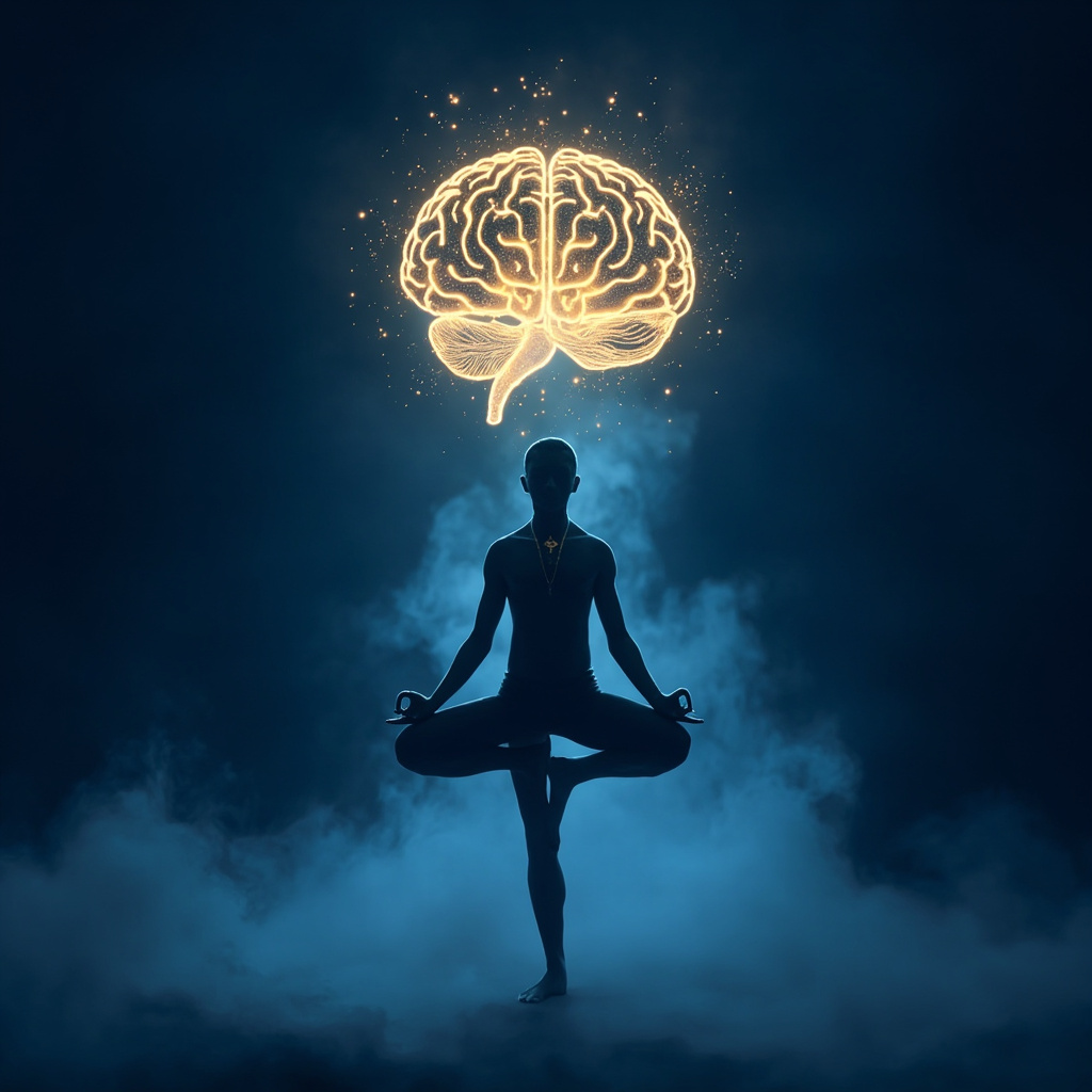 Illustration of a glowing human brain intertwined with a yogi in tree pose, serene blue and gold tones, symbolizing mental clarity and protection through yoga