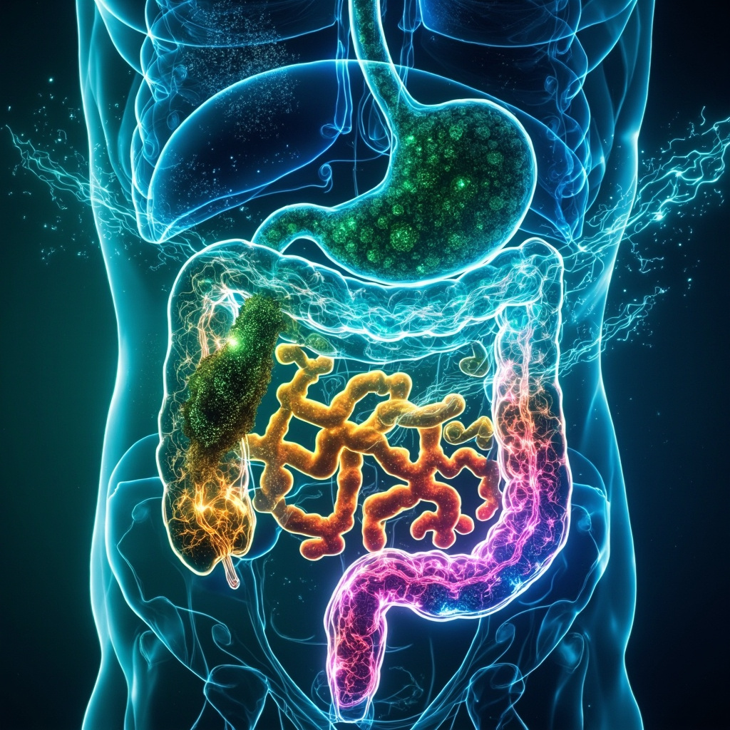 Vibrant digital illustration of a human digestive system: friendly colorful bacteria thriving in a healthy gut, while shadowy slime mold-like Lycogala releases faint toxins being neutralized by glowing frequency waves and yoga-inspired energy flows, serene blue-green tones for balance and healing.