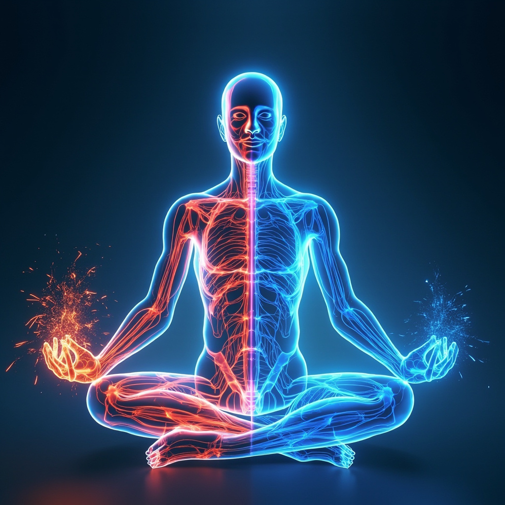 Illustration of glowing human nervous system with red stress zones on peripheral nerves in hands and feet, showing tingling sparks, calm blue waves balancing them, serene yoga pose background.