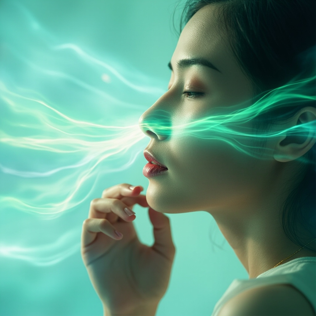 Serene illustration of a woman practicing yoga alternate nostril breathing, glowing energy waves clearing stuffy nose congestion, soft blues and greens, face-focused, calming atmosphere