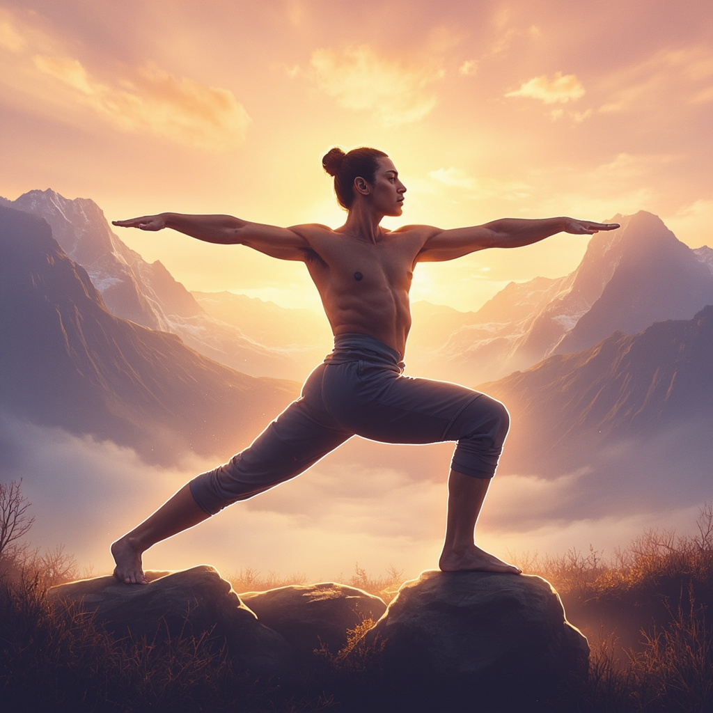 Illustration of a diverse yoga practitioner in Warrior II pose, emphasizing strong extended arms and grounded legs, with soft glowing energy auras around the limbs, set against a peaceful sunrise mountain landscape