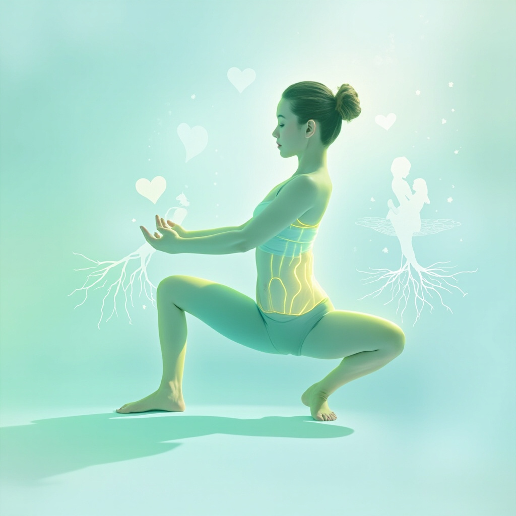Serene illustration of a woman in gentle side yoga pose, glowing highlight on left trunk muscles (obliques, abs, back), with soft icons of family heart, mother-child embrace, nurturing tree roots, in calming pastel blues and greens, professional wellness style.