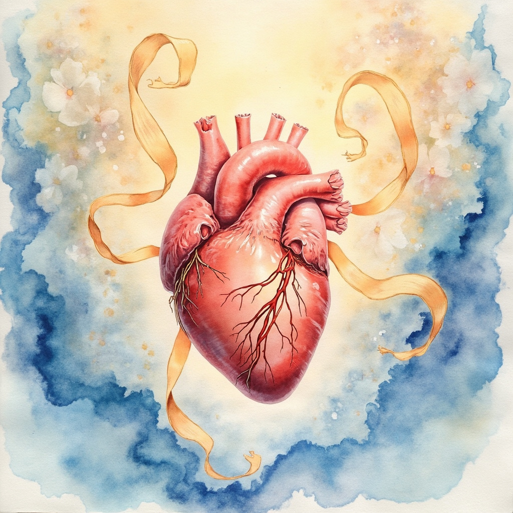 A soft, artistic watercolor illustration of a human heart surrounded by gentle, flowing golden light and swirling, calming blue energy, representing the balance of clear circulation and emotional peace.