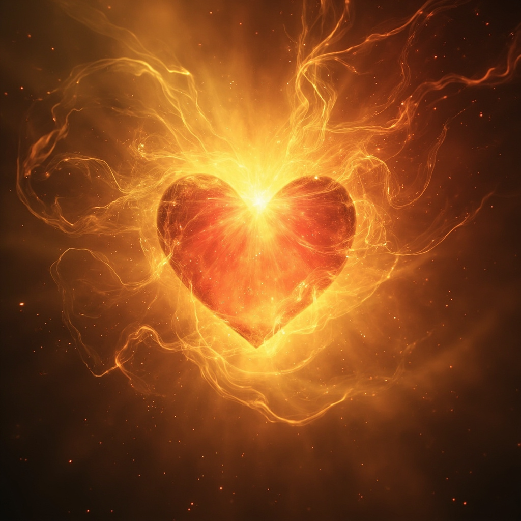 A soft, artistic illustration of a glowing, radiant heart center surrounded by gentle, flowing golden light, representing vitality and emotional balance, in a calm and serene atmosphere.
