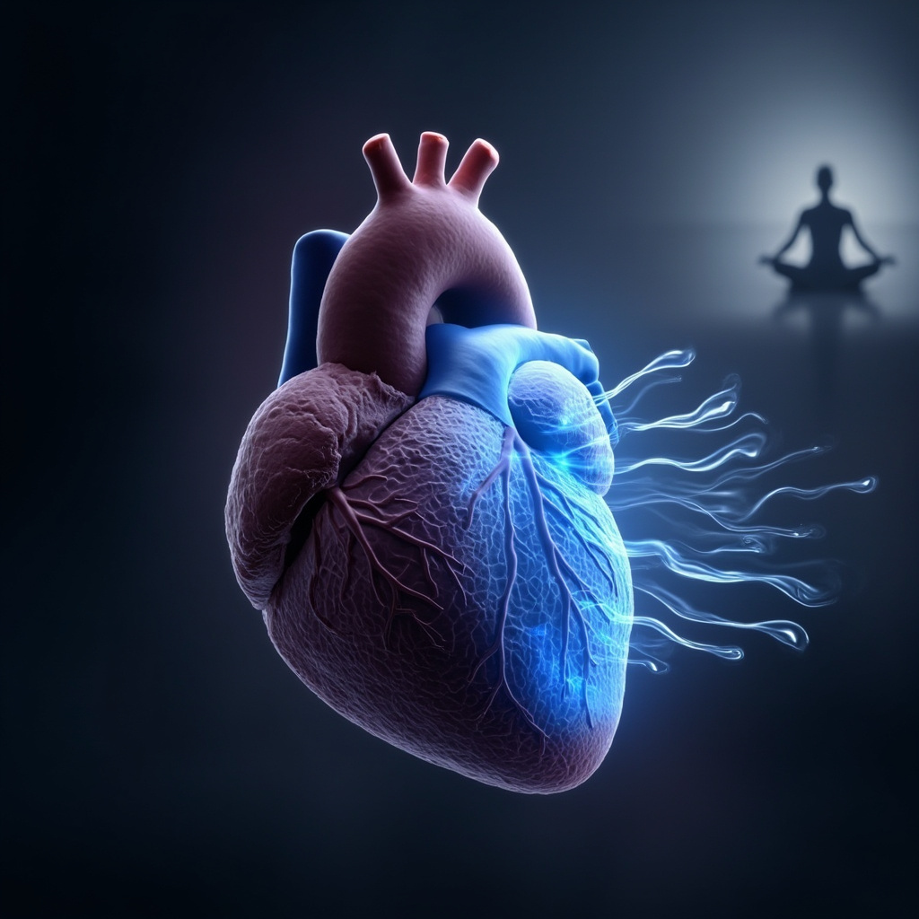Illustration of a human heart with the right atrium glowing blue, surrounded by subtle waves representing stress transforming into calm energy, yoga silhouette in background