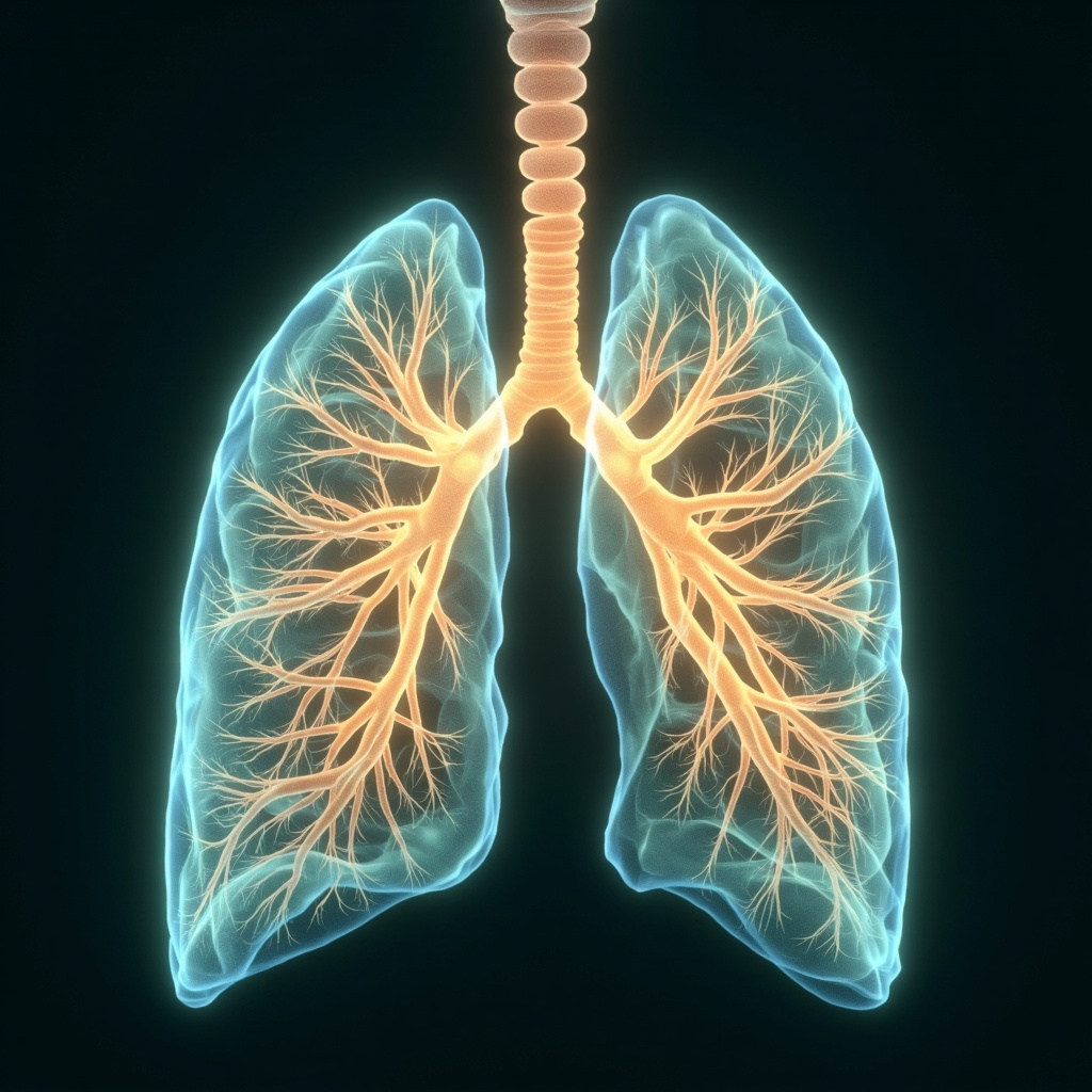 A soft, artistic illustration of the human respiratory system, focusing on the intricate bronchial tree, glowing with gentle, calming light to symbolize breath and space.