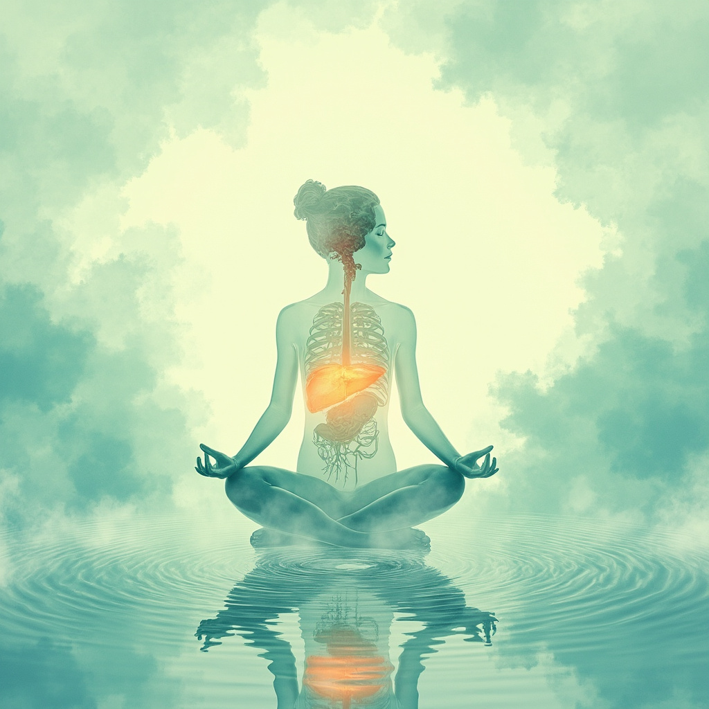 Subtle illustration of a human silhouette with a glowing stressed liver emitting toxin clouds, fading into yoga pose with harmonious energy waves, soft blues and greens for calm healing.