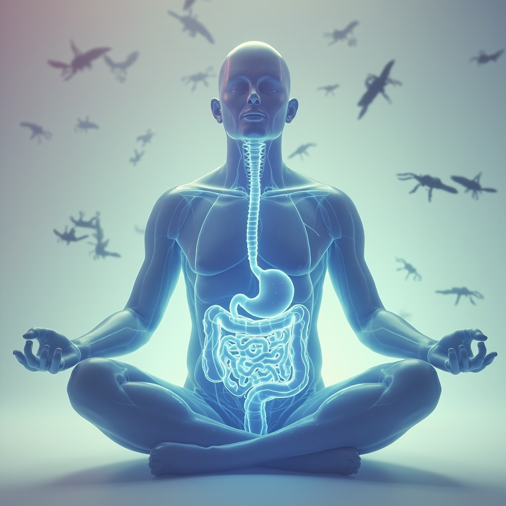 Illustration of a calm human silhouette with glowing blue intestines, subtle dissolving parasite forms turning into harmonious frequency waves, evoking relief from gut pain and anxiety, in soft pastel tones