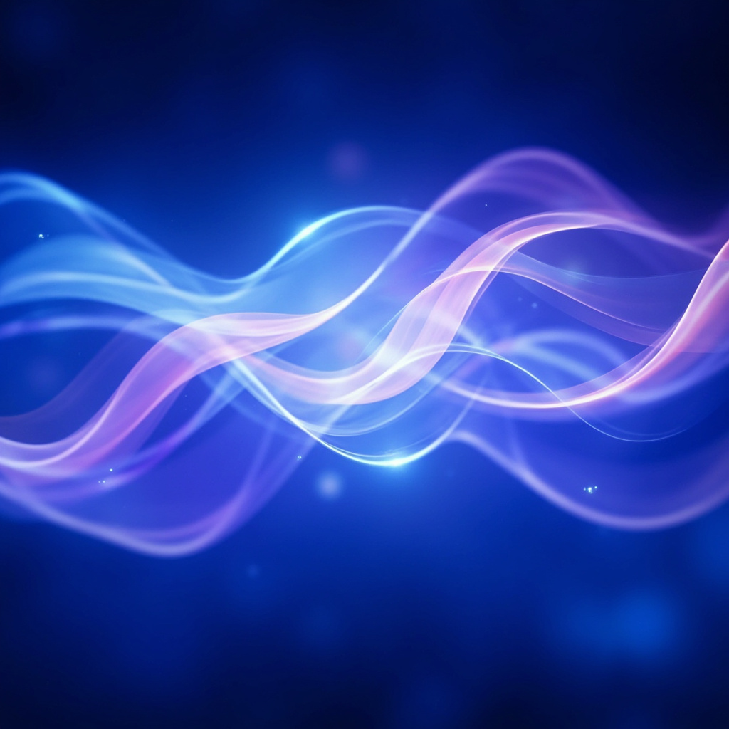 A serene, abstract digital illustration showing soft, glowing waves of light in shades of deep blue and violet, symbolizing the gentle, rhythmic flow of Theta brainwaves during a meditative state.