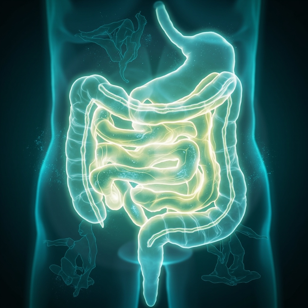 Serene illustration of healthy intestines glowing with soft light, fading parasite shadows, overlaid with yoga twists and breathing figures in calming blues and greens, symbolizing gut healing and balance.