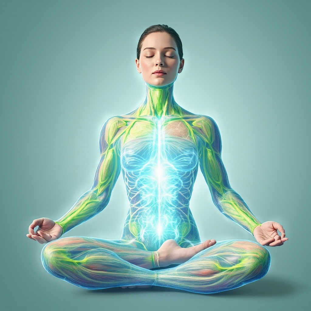 Illustrative image of a human figure with glowing muscle tissues showing subtle cysts fading under energy waves and yoga pose, person looking relieved and energized, educational medical art style, soft blues and greens.