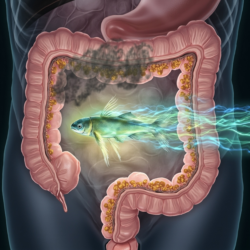 Illustrative image of a glowing elongated fish-like organism in pink intestines disrupting food flow with toxin clouds, surrounded by calm energy waves balancing it, educational medical art style, soft blues and greens