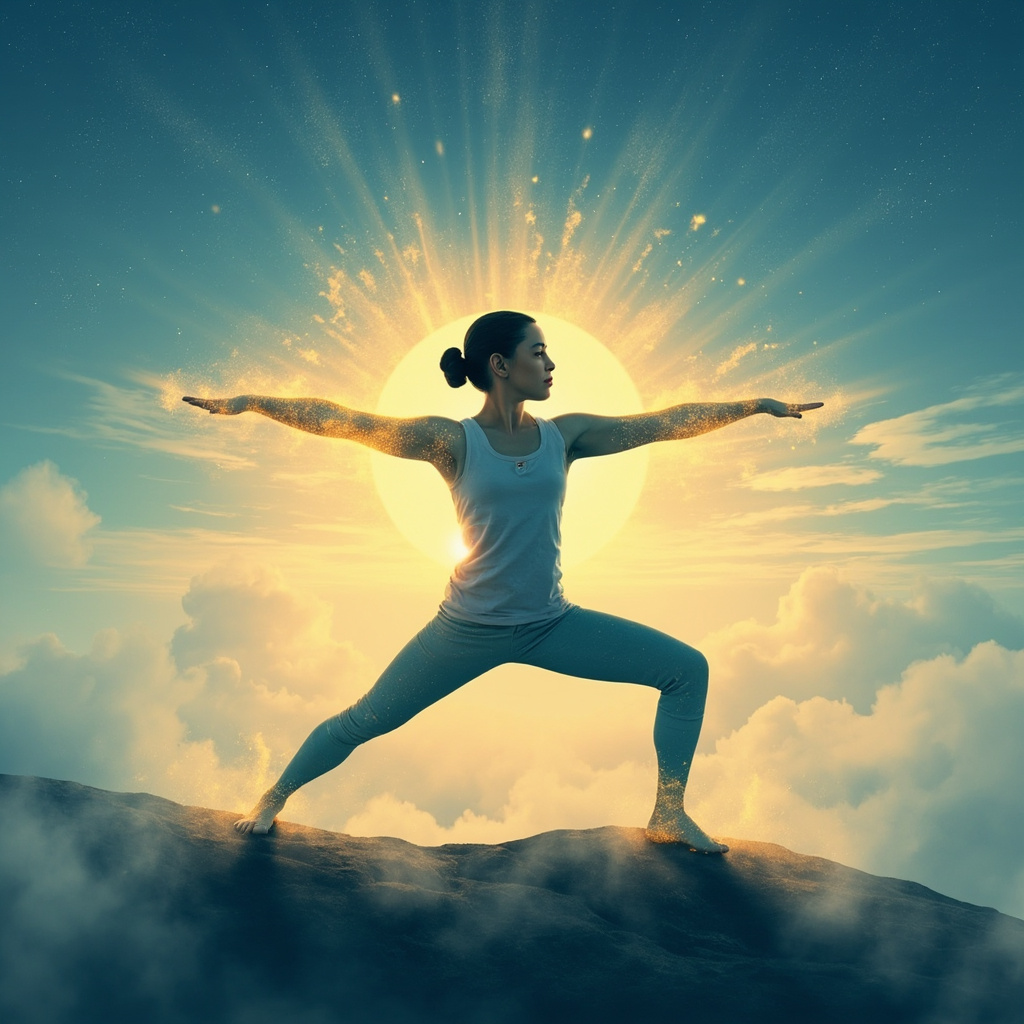 Serene yogi in warrior pose at dawn, radiating energy waves, motivated expression, soft blue and gold tones, illustrative for motivation and health.