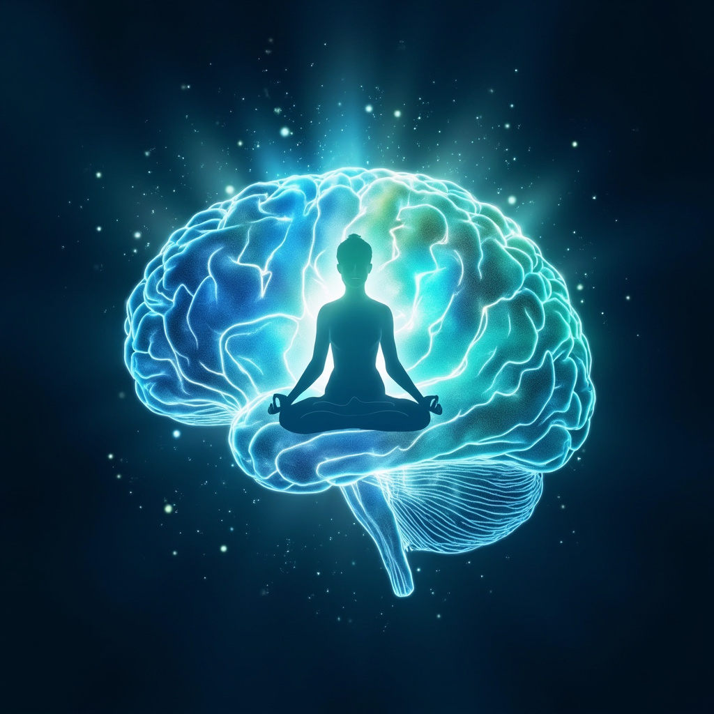 Serene brain glowing with yoga frequencies: yogi in lotus pose, neural waves in blue-green, calming light aura, high-res illustrative art.