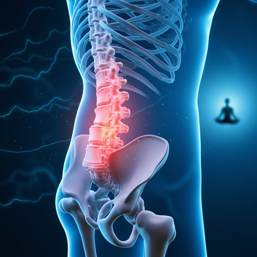 Illustrative image of human pelvis and lower spine highlighting the left coccyx joint in red for pain, with gentle glowing frequencies and yoga pose silhouette in background, soft blue tones for calm healing.
