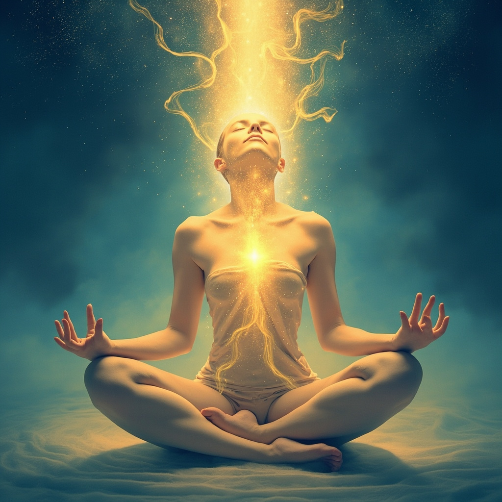 Serene yogi in fish pose opening throat and chest, upward golden energy flow from heart to head, soft blue and warm light tones, illustrative style