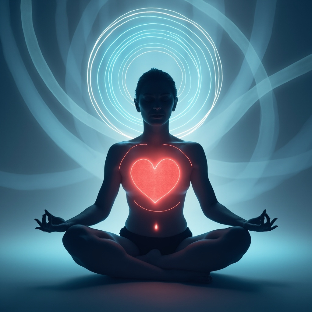 Serene yogi in bridge pose with glowing red heart center emitting soft blue frequency waves, surrounded by calming energy flows, illustrative digital art, professional wellness style