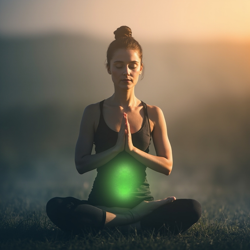Serene yogi in seated twist pose Ardha Matsyendrasana outdoors at dawn, soft green glow around mid-torso representing liver detox, calm expression, minimalist natural background