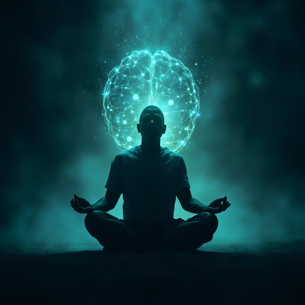 Serene yogi in lotus pose with glowing neural networks and neurotransmitter icons like serotonin and dopamine particles flowing harmoniously in the brain, in soft calming blues and greens.