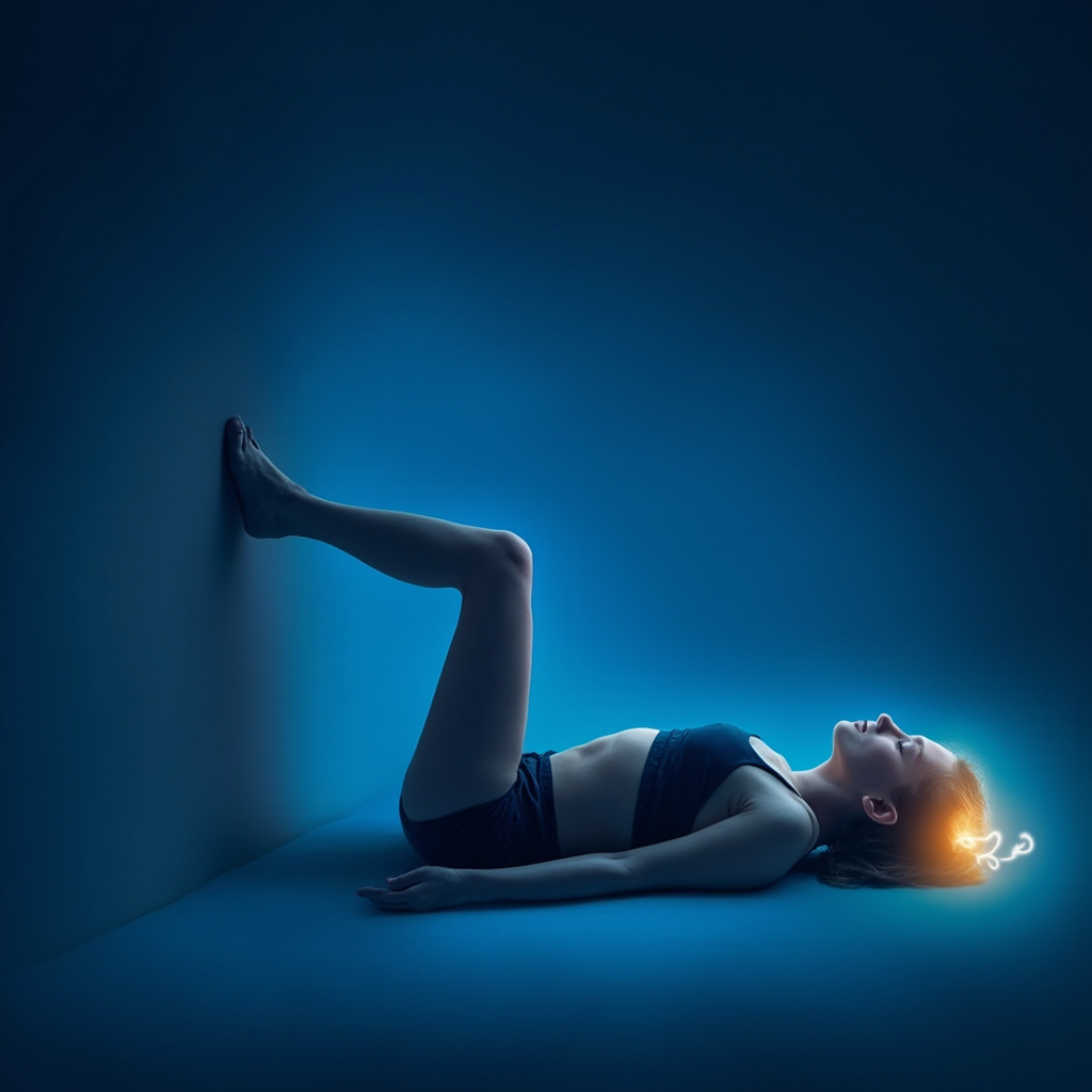 Yogi in Legs-Up-the-Wall pose against a serene blue gradient background, with soft glowing energy waves around the adrenal area and brainstem symbolizing balanced noradrenaline.