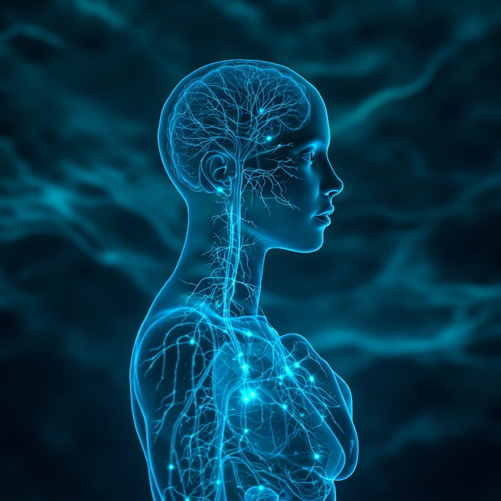 Calm human silhouette with glowing blue parasympathetic nerves branching to heart, gut, brain; soft waves symbolizing rest, digestion, relaxation in serene background.
