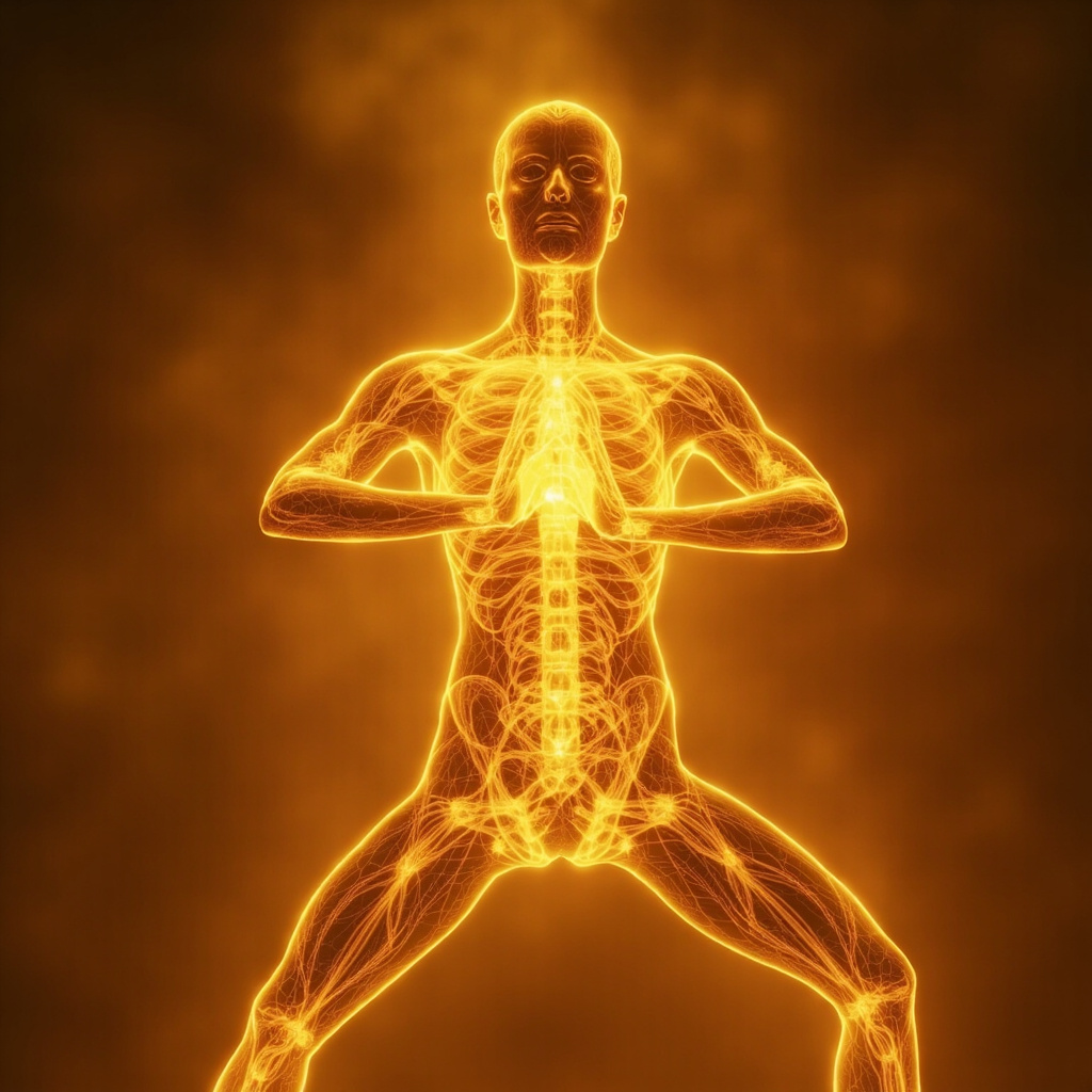 Serene yoga practitioner in Warrior II pose, glowing golden energy lines flowing from heart through ligaments, veins, and connective tissues, warm lighting, ethereal background.