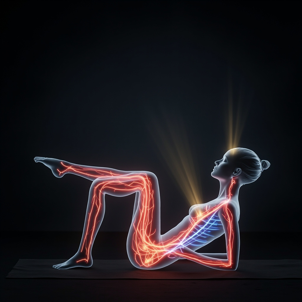 Serene yoga practitioner in legs-up-the-wall pose, with glowing red-blue blood vessels flowing smoothly through body silhouette, contrasted by dark constricted vessels with stress icons like storm clouds on one side, healing light rays penetrating.