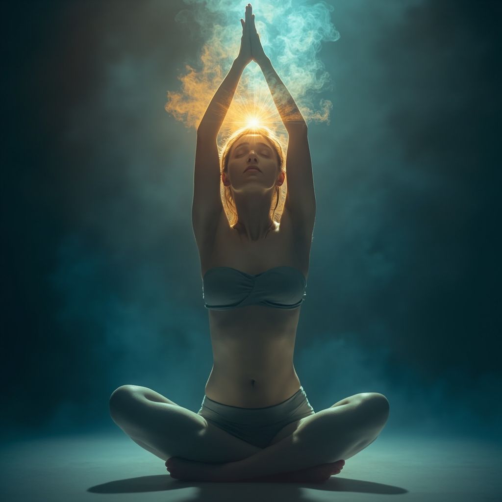 Serene yoga practitioner in shoulder stand pose, with ethereal glow around the brain base highlighting pituitary gland, soft blues and golds symbolizing hormonal balance and energy flow.