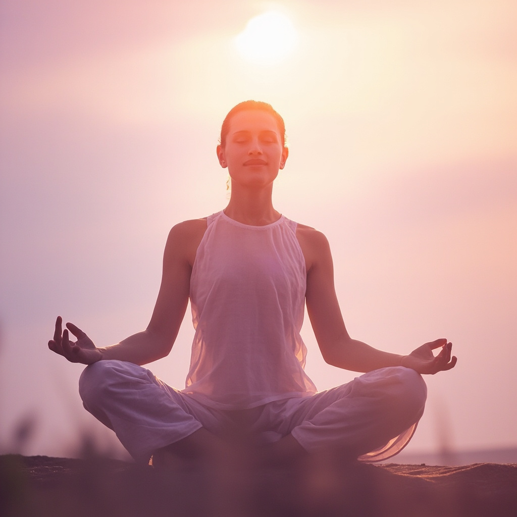 Serene woman in yoga pose at dawn, glowing aura symbolizing balanced hormones, soft pastel tones, vitality and calm expression, pregnenolone balance theme.