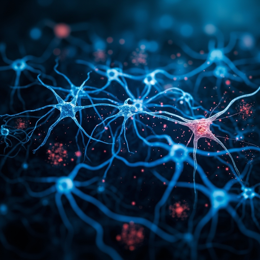 Prompt: Serene glowing neurons in a human brain network, healthy connections pulsing blue light, contrasted with faded red stressed areas, soft meditative background, professional medical illustration style.