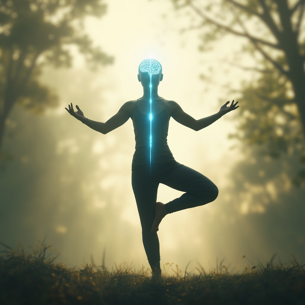 Serene yogi in thread-the-needle pose on mat, glowing spine with T12 highlighted in blue, soft energy waves emanating from mid-back, calm natural light, professional wellness illustration.