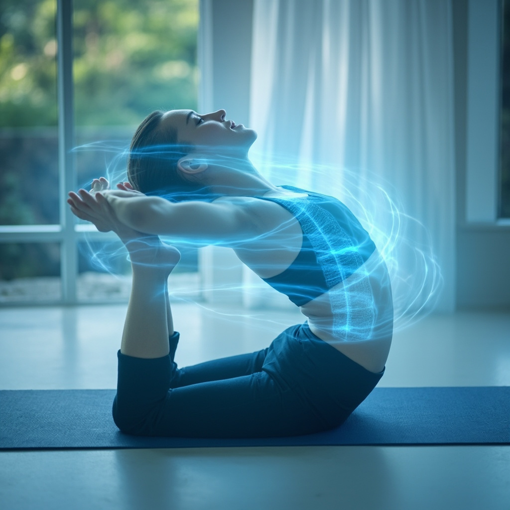 Prompt: Serene yogi in Thread the Needle pose relieving mid-back tension, glowing blue energy waves around thoracic spine, soft natural light, professional illustration