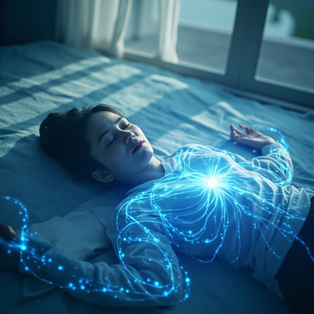 Serene yogi in restorative pose with subtle glowing blue energy waves around heart and nervous system, calming sympathetic overdrive, soft natural light, professional illustration