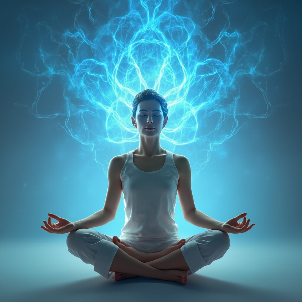 Serene yogi in lotus pose meditating, ethereal brain waves glowing blue around head symbolizing balance and clarity, soft natural light, professional illustration.