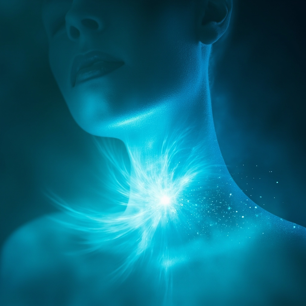 A serene, abstract artistic representation of a glowing, open throat area with soft blue and turquoise light radiating outward, symbolizing clear communication and truth.