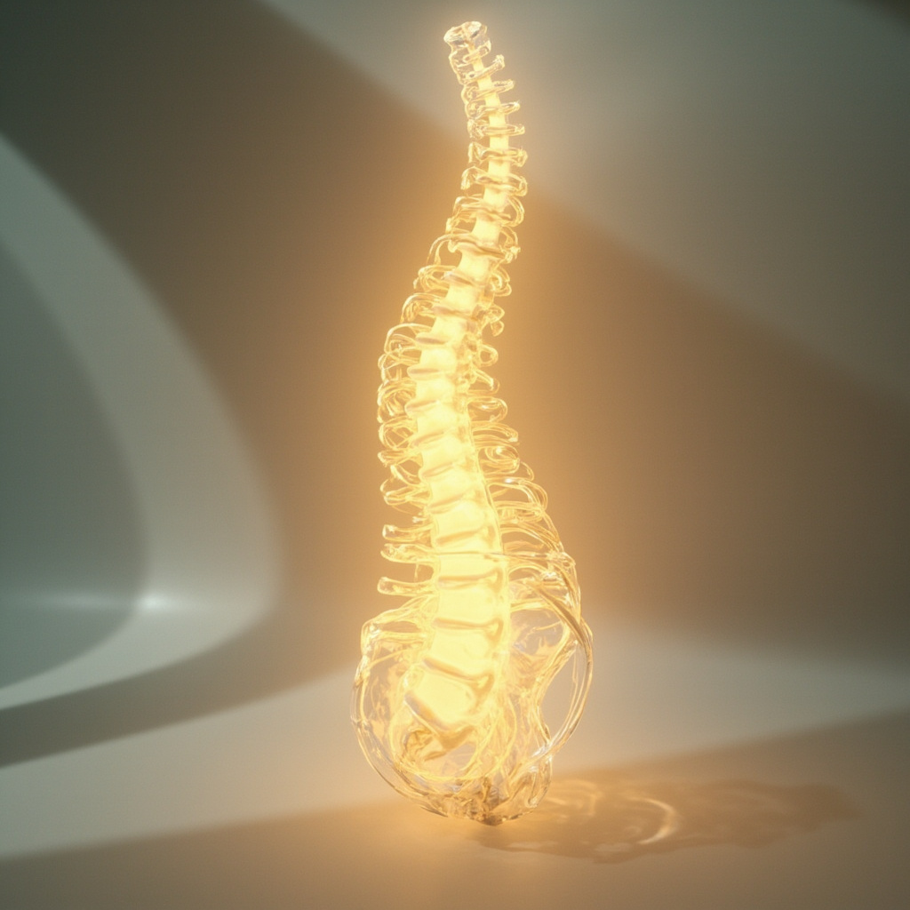 A serene, artistic representation of a glowing, healthy spine with the third thoracic vertebra highlighted in soft, golden light, symbolizing energy flow and alignment in a modern, clean environment.
