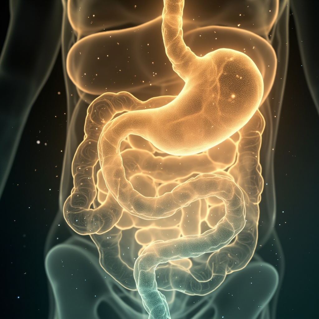 A calming, abstract representation of the human digestive system interconnected with gentle, glowing wave patterns and frequencies, symbolizing harmony and restoration.