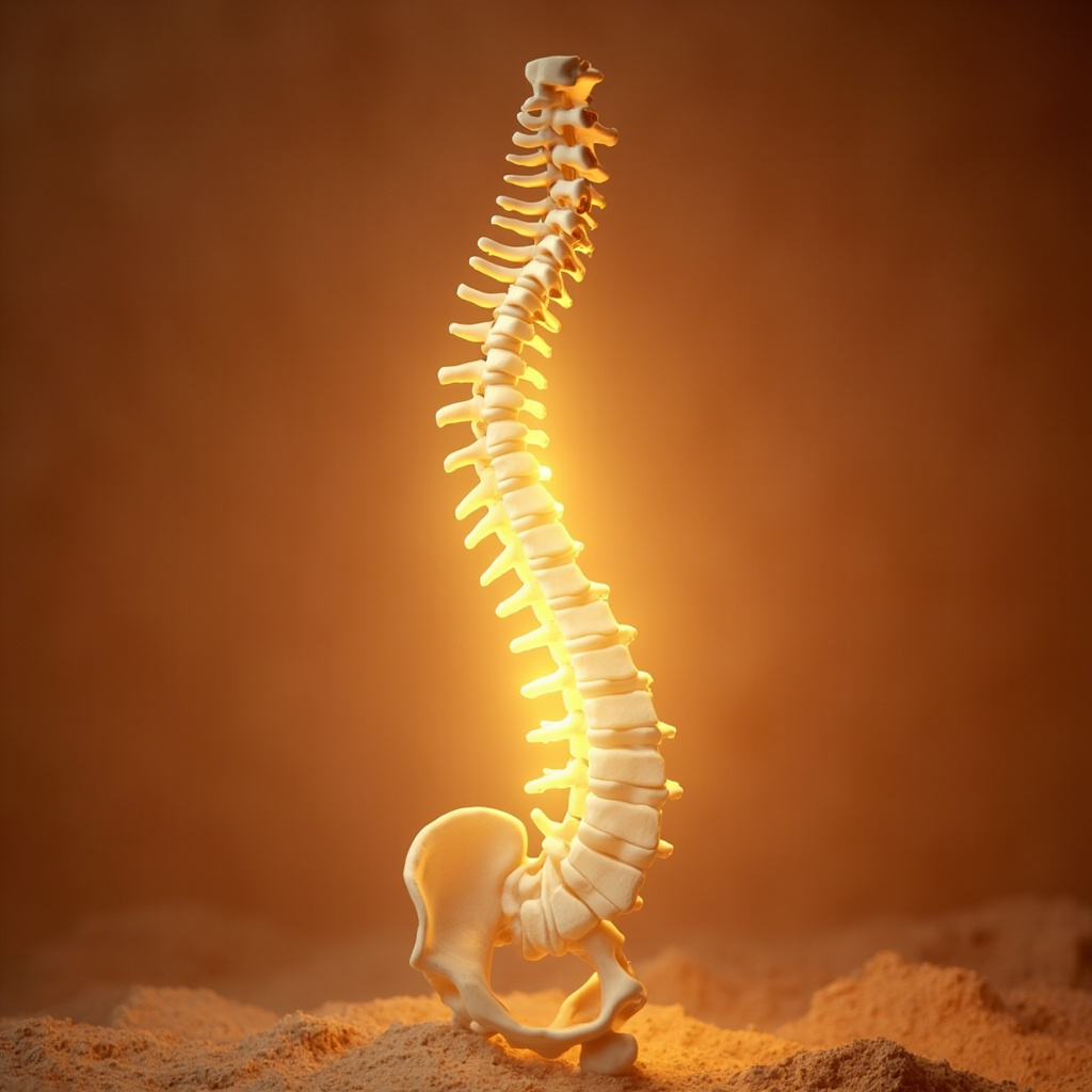 A serene, artistic representation of the human spine glowing with soft, golden light at the L1 lumbar area, set against a calm, minimalist background of earthy tones and soft textures.