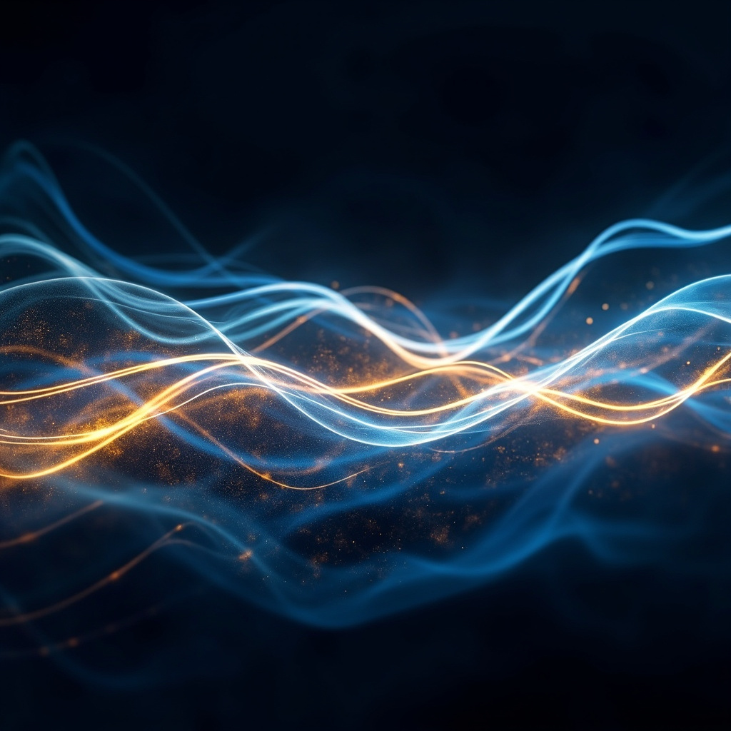 A serene, abstract artistic representation of rhythmic light waves flowing in a pattern resembling a heartbeat, soft blue and golden tones, professional and calming aesthetic.