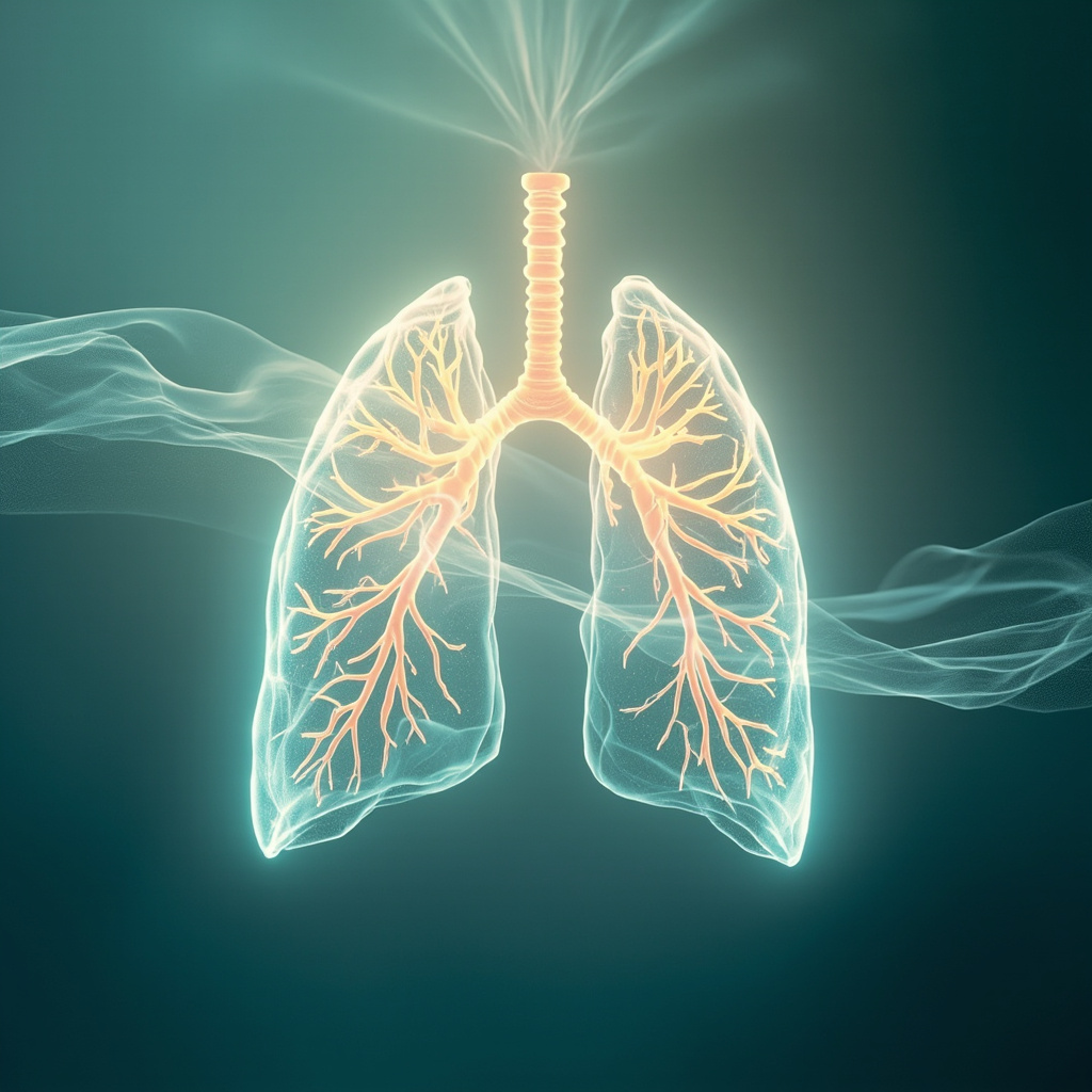 A serene, abstract representation of light and breath, showing a glowing, healthy lung structure surrounded by soft, harmonious wave patterns, professional and calming aesthetic.