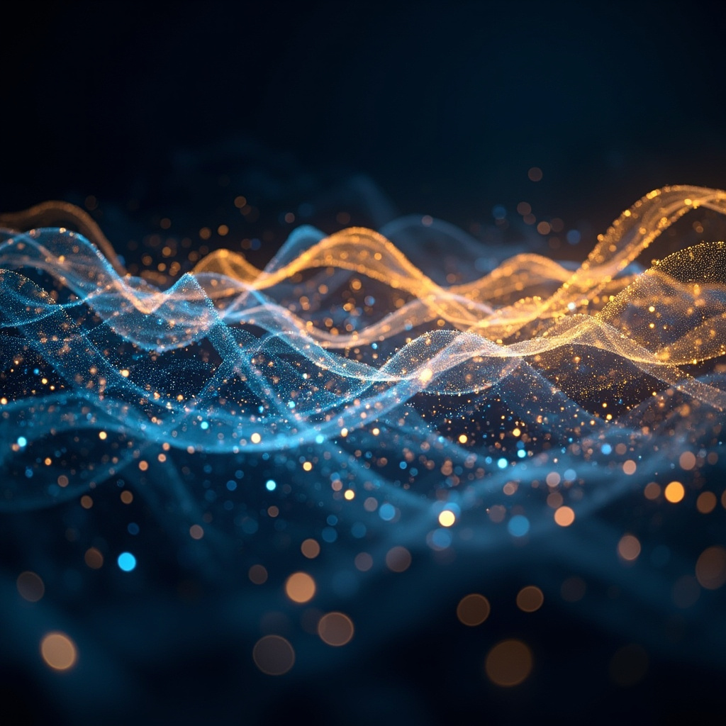A serene, abstract digital representation of brainwaves flowing as light particles in shades of soft blue and gold, symbolizing mental clarity and balance.