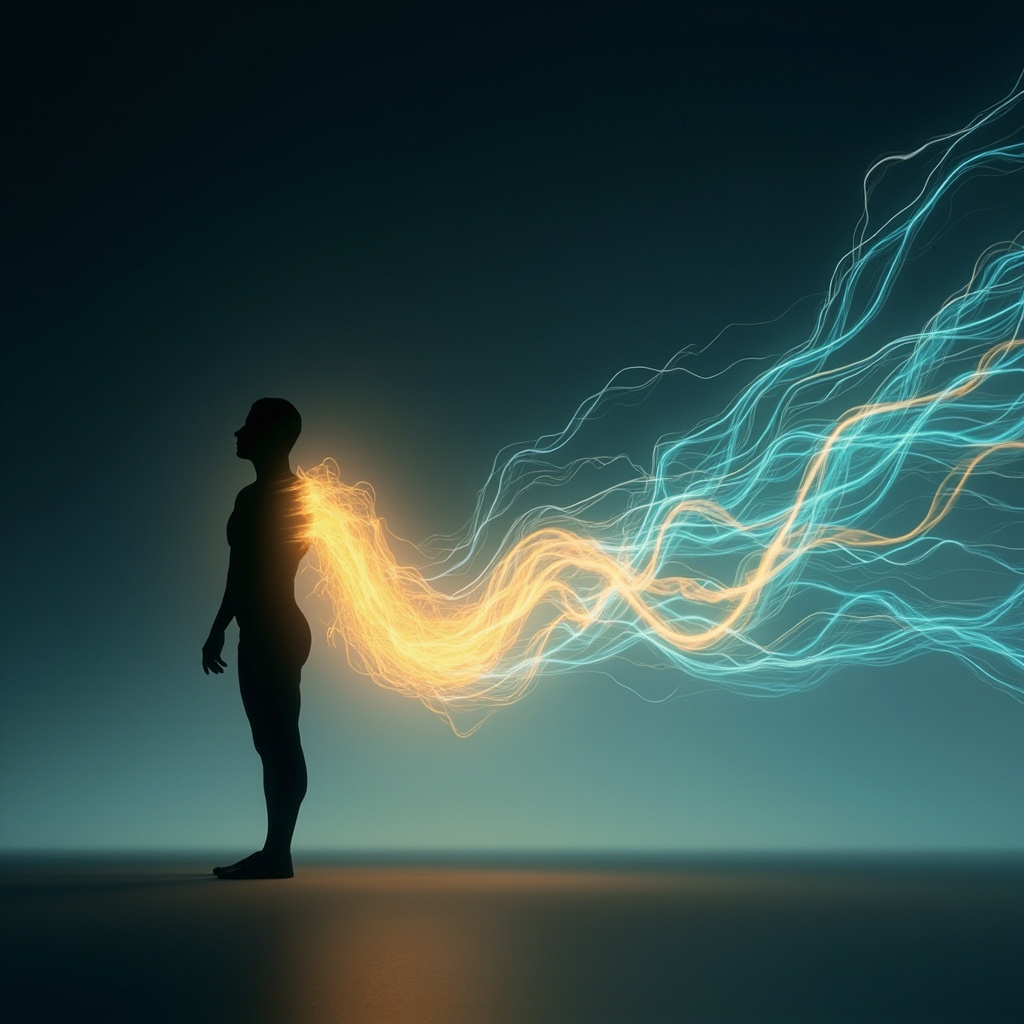 A serene, abstract artistic representation of light and fluid energy pathways flowing along the right side of a human silhouette, symbolizing circulation, movement, and clarity.