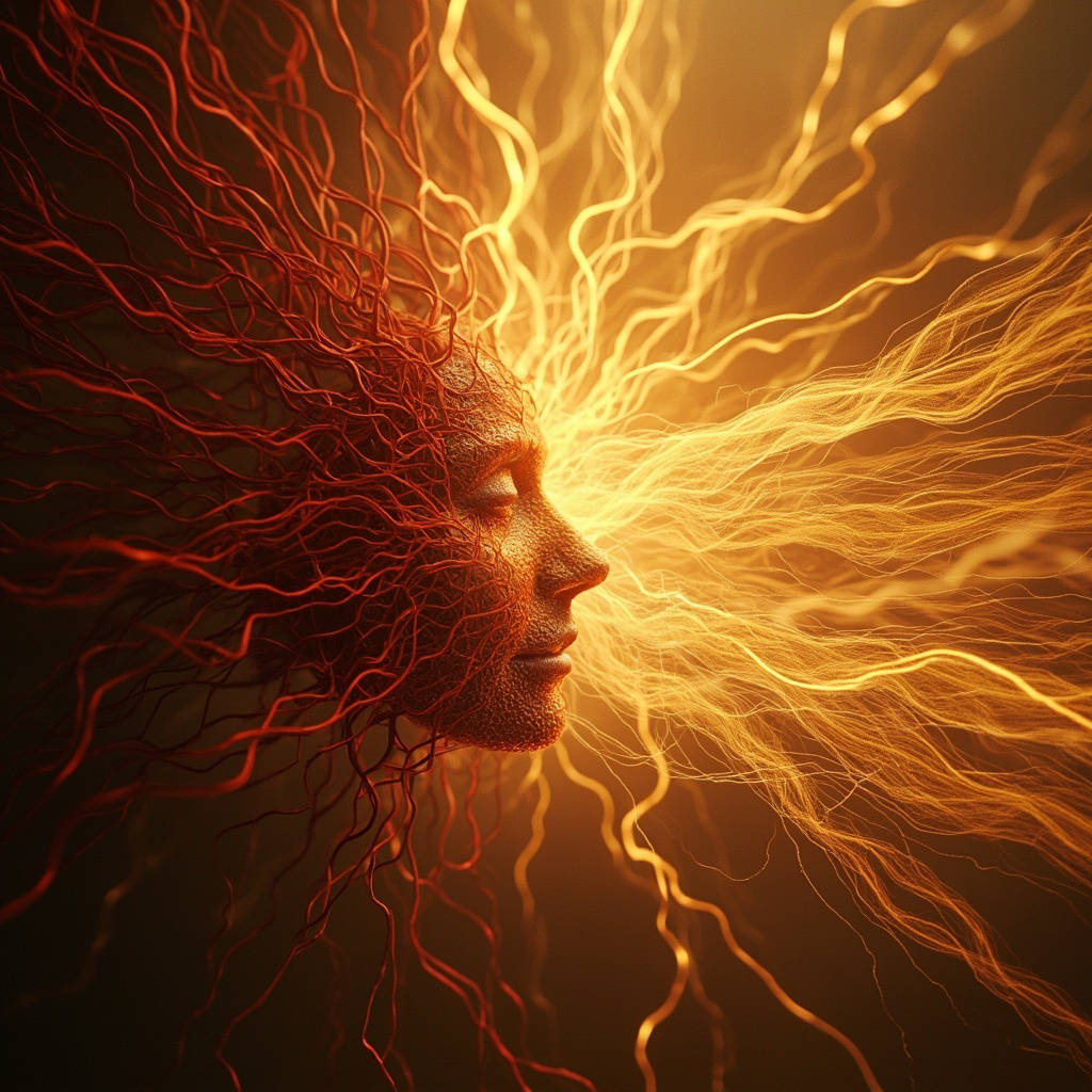 A serene, abstract representation of a nervous system transitioning from tangled, dark red lines to calm, flowing golden light, set against a soft, grounded earthy background.