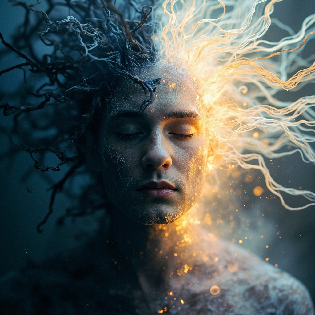 A serene, abstract representation of human energy fields glowing with soft, harmonious light, transitioning from a cluttered, dark state to a clear, bright, and balanced flow.