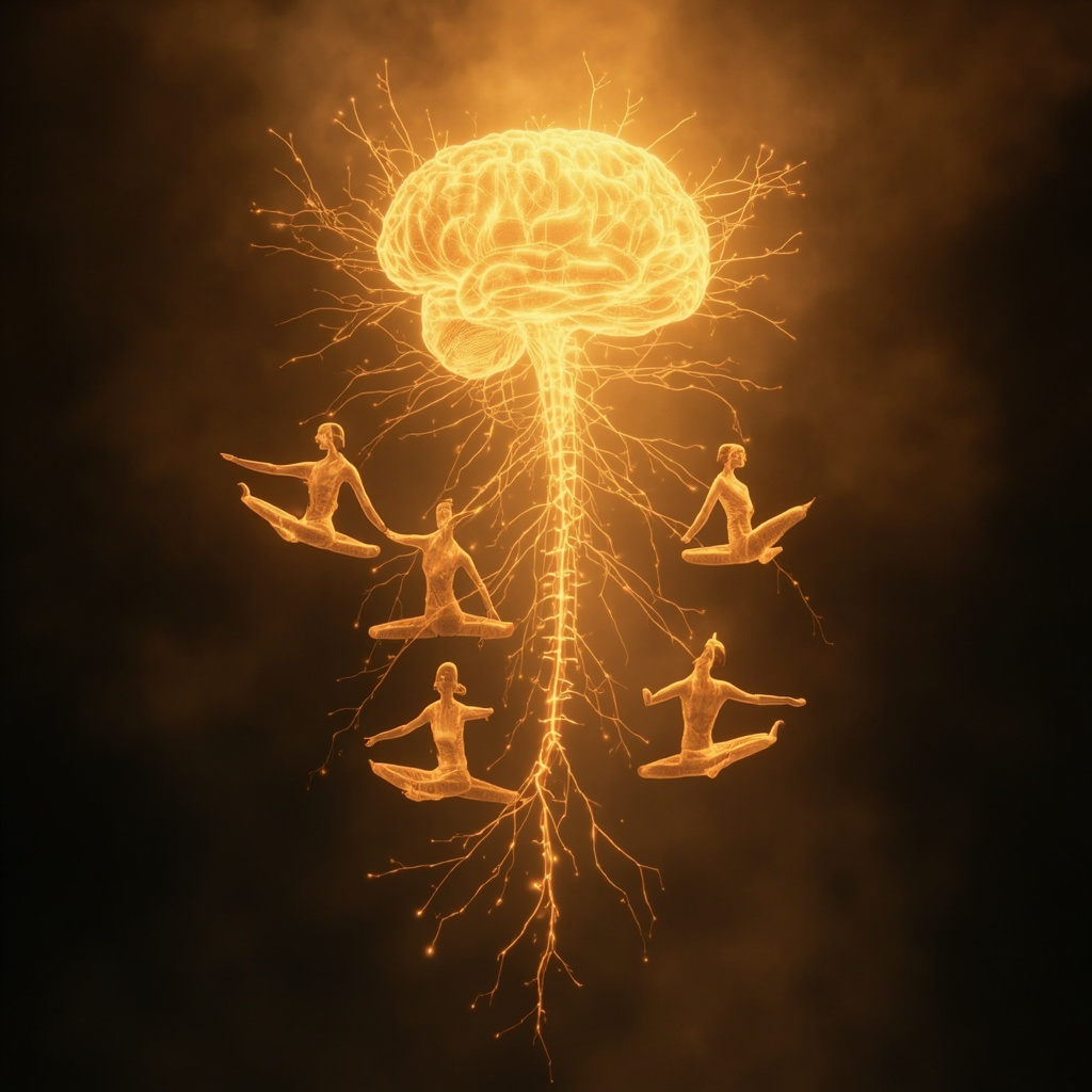 A serene, artistic representation of a central nervous system glowing with gentle golden light, transitioning into fluid, graceful yoga silhouettes that suggest movement and freedom.