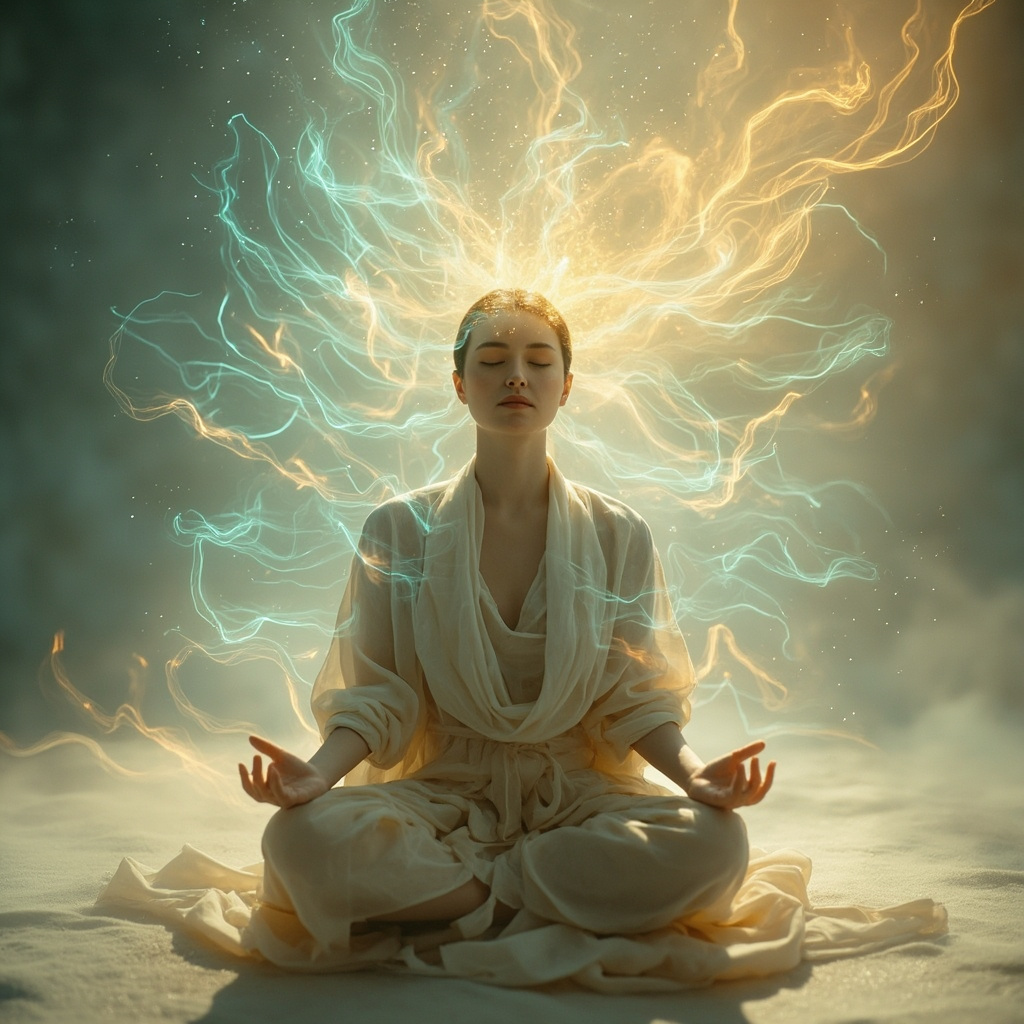 A high-quality, calm image of a person sitting in a serene environment, with soft glowing lines representing harmonious energy flow around their head, symbolizing mental clarity and focus.