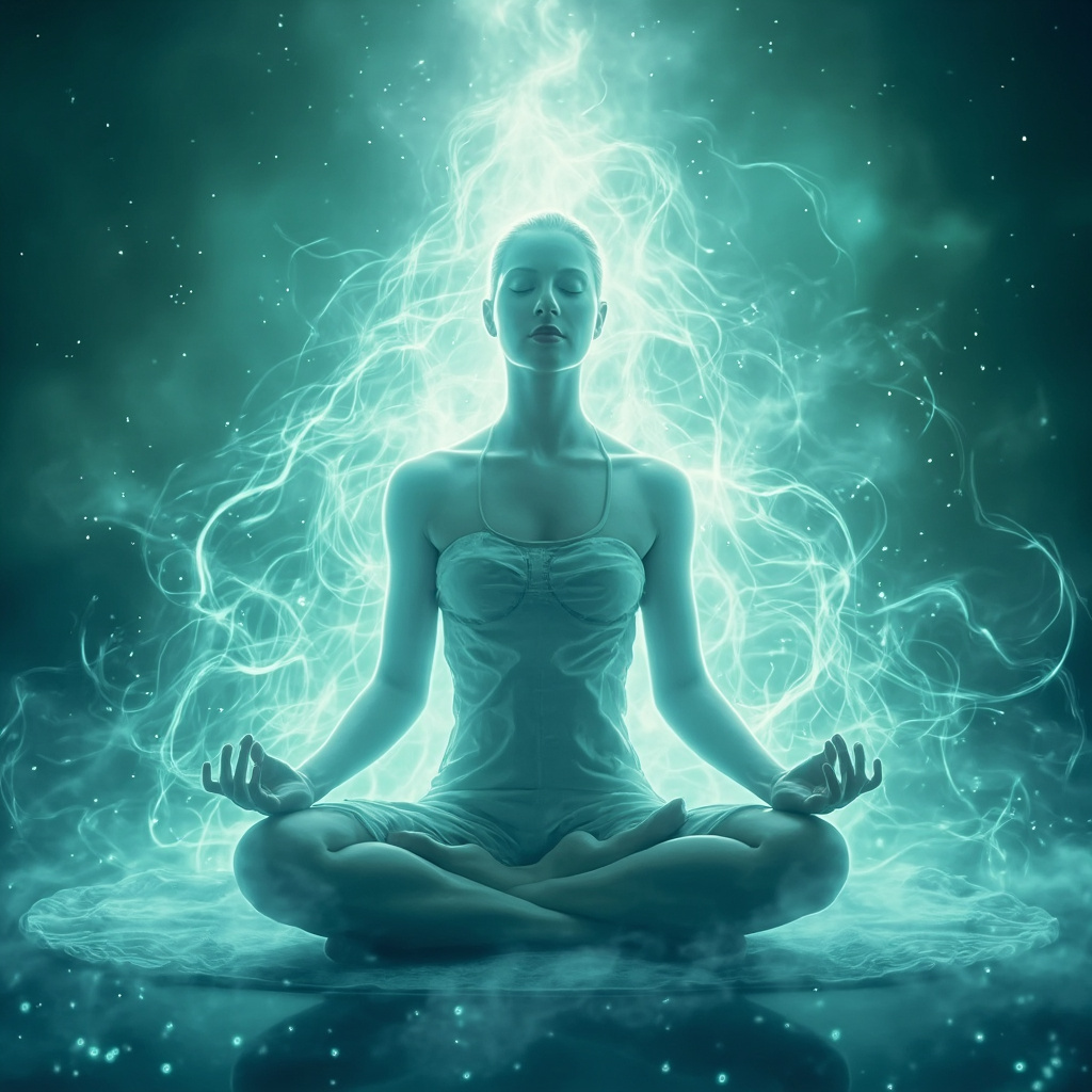 Serene yogi in lotus pose with glowing shield of light around body representing strong immunity, soft blue and green tones, ethereal energy waves.