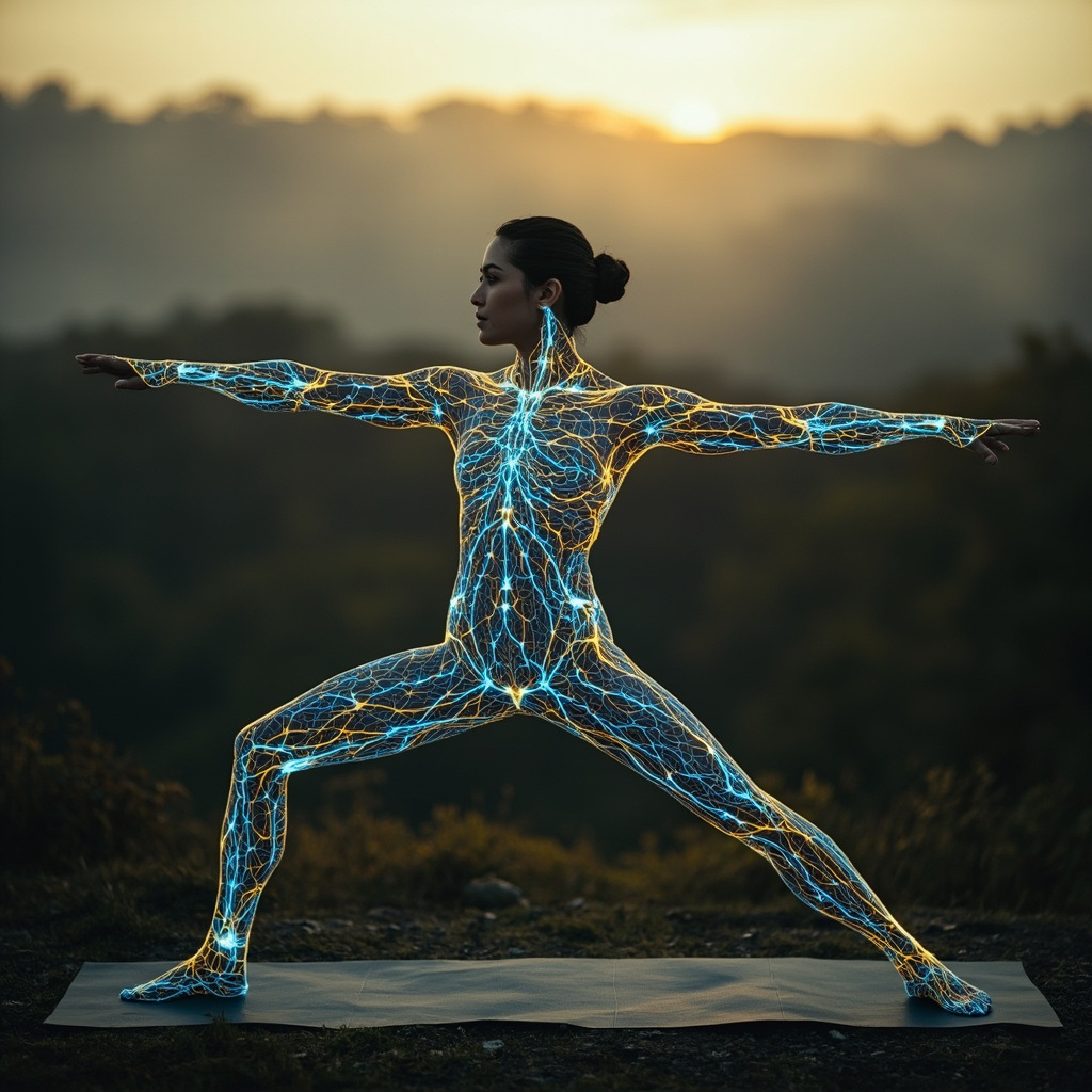 A serene yogi in Warrior II pose on a mat, with subtle glowing lines representing neural pathways from brain to muscles, evoking strength, freedom, and energy flow in a calm natural setting.