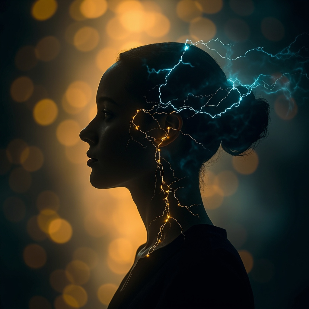 A high-quality, serene image of a human silhouette with subtle, glowing golden and blue light pathways representing electrical harmony and balance, soft focus background.