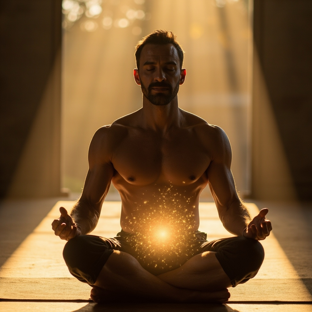 Prompt: A thoughtful man in his 30s practicing yoga in a serene setting, with subtle glowing energy waves around his lower abdomen symbolizing reproductive health improvement, soft natural light, motivational health theme.